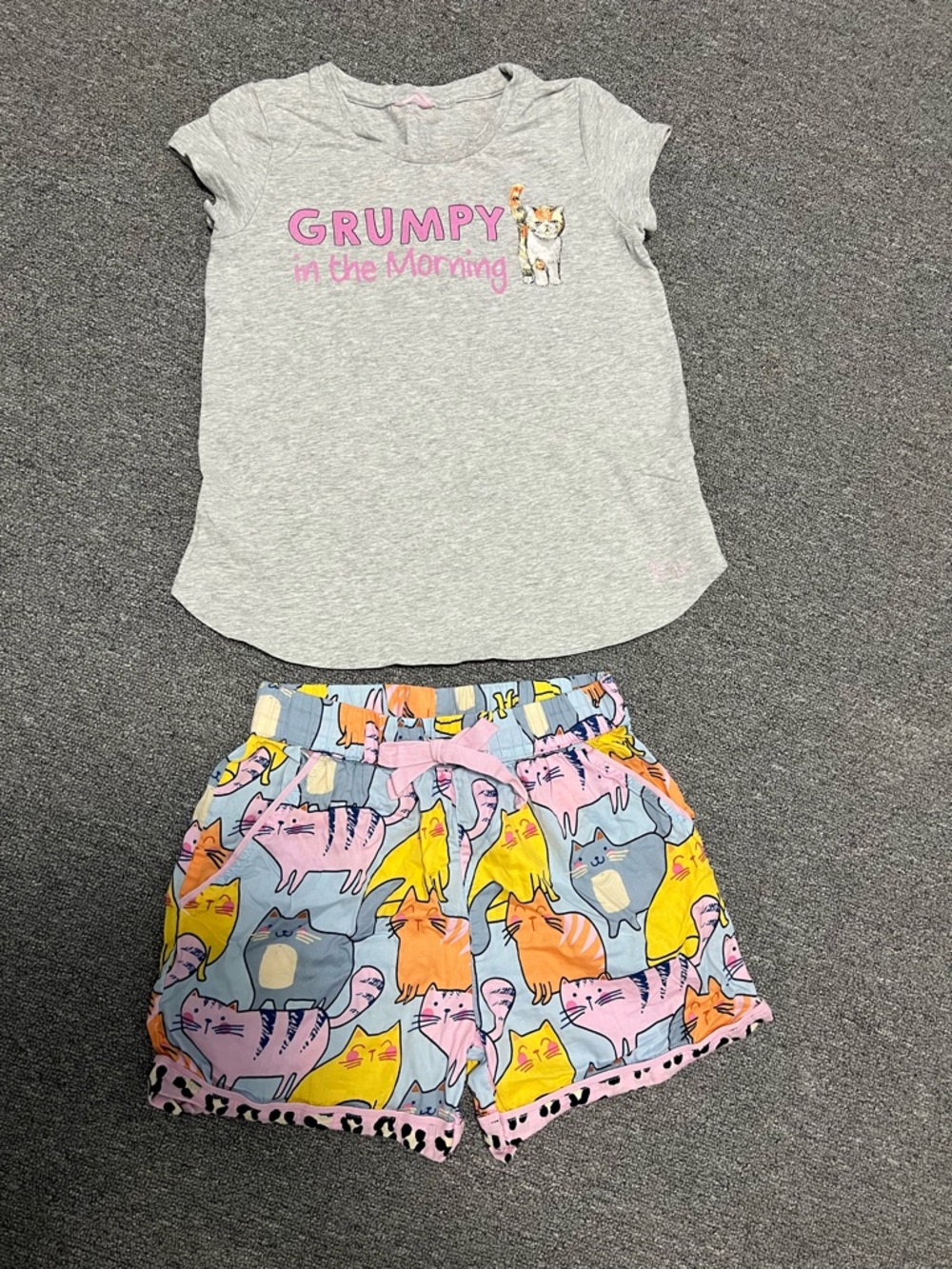 Girl’s Gray 'Grumpy in the Morning' Kitty Pajama Set with Colorful Cat Shorts